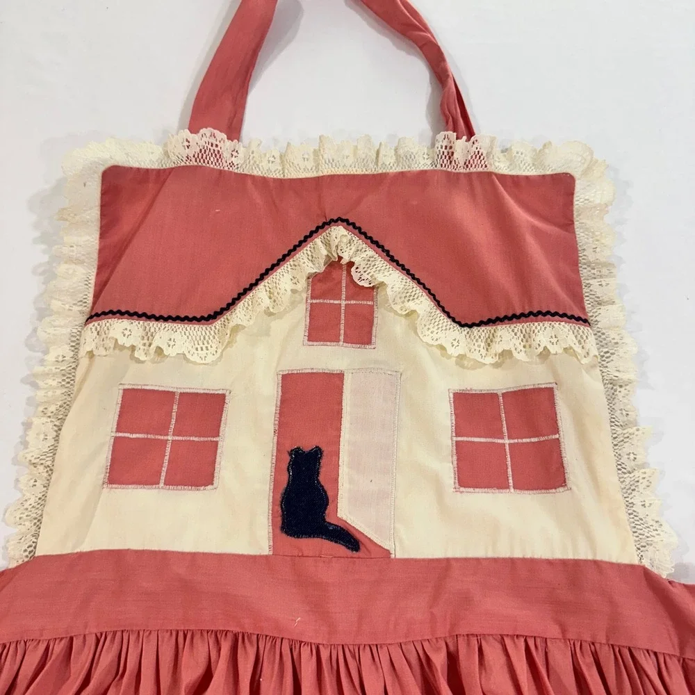 Vintage Handmade House Cat Duck Applique Apron Pink Lace Cottagecore Retro Boho